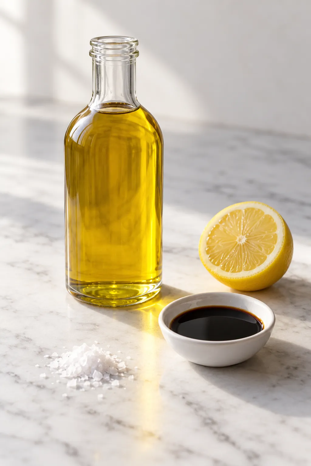 A glass bottle of golden olive oil, balsamic vinegar, half a lemon and sea salt on white marble